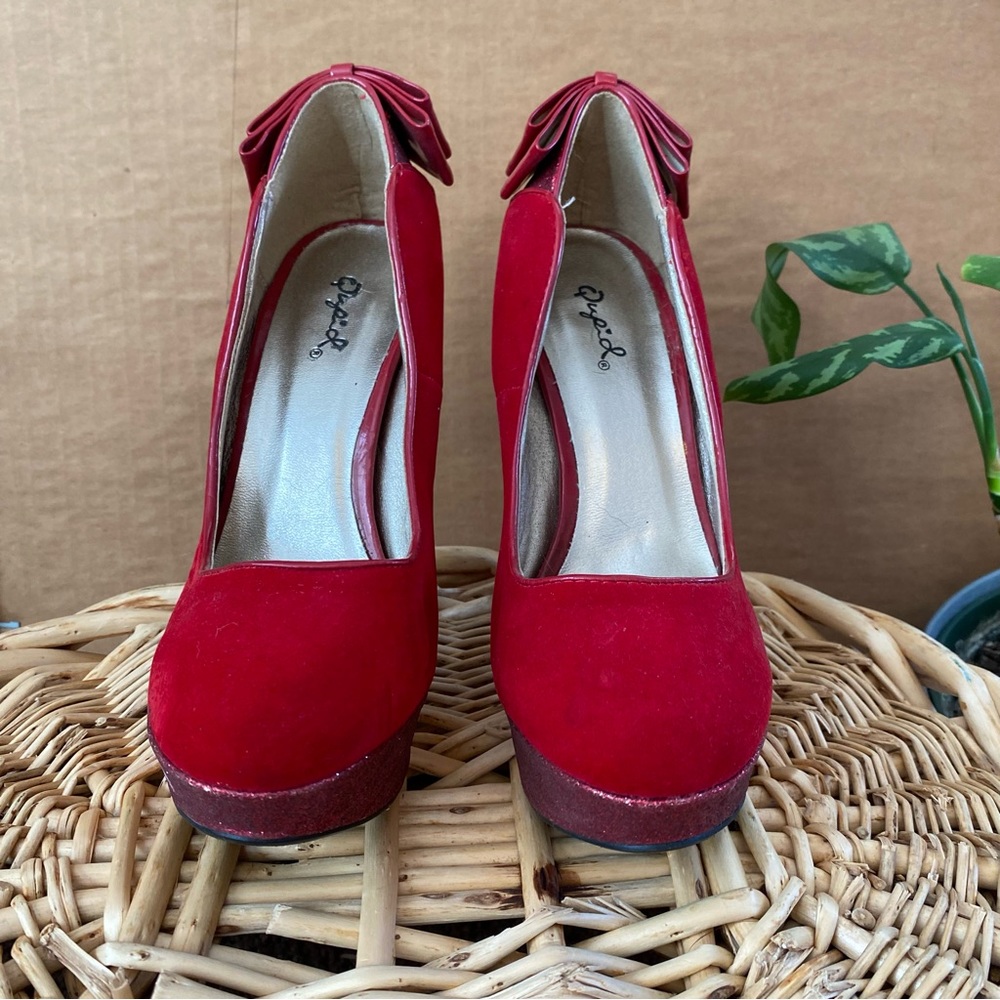 Qupid red stiletto heels with glittery accents
